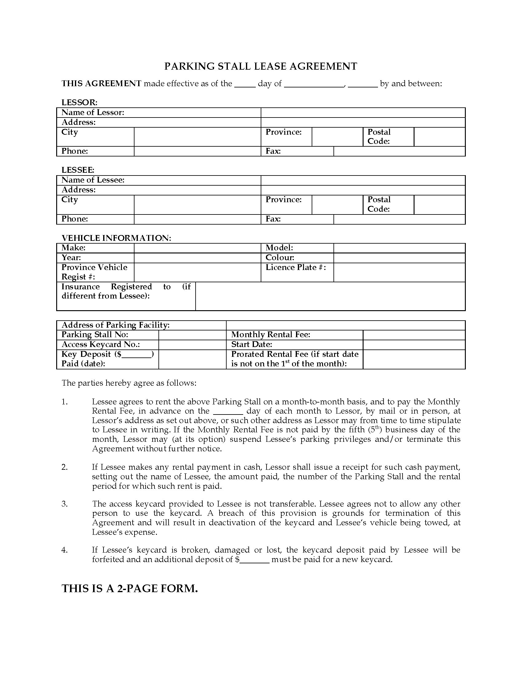 Rental Agreement Example British Columbia Parking Stall Lease Form Legal Forms And Business