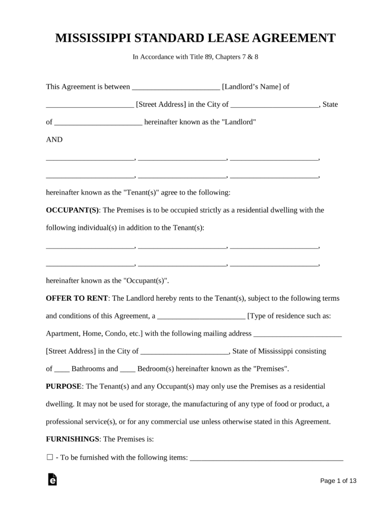 Rental Agreement Example Free Mississippi Standard Residential Lease Agreement Form Pdf