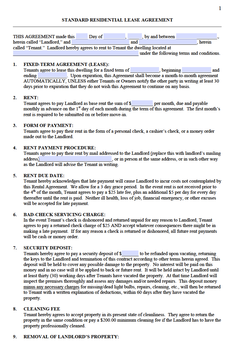 Rental Agreement Example Free Standard Residential Lease Agreement Templates Pdf Word