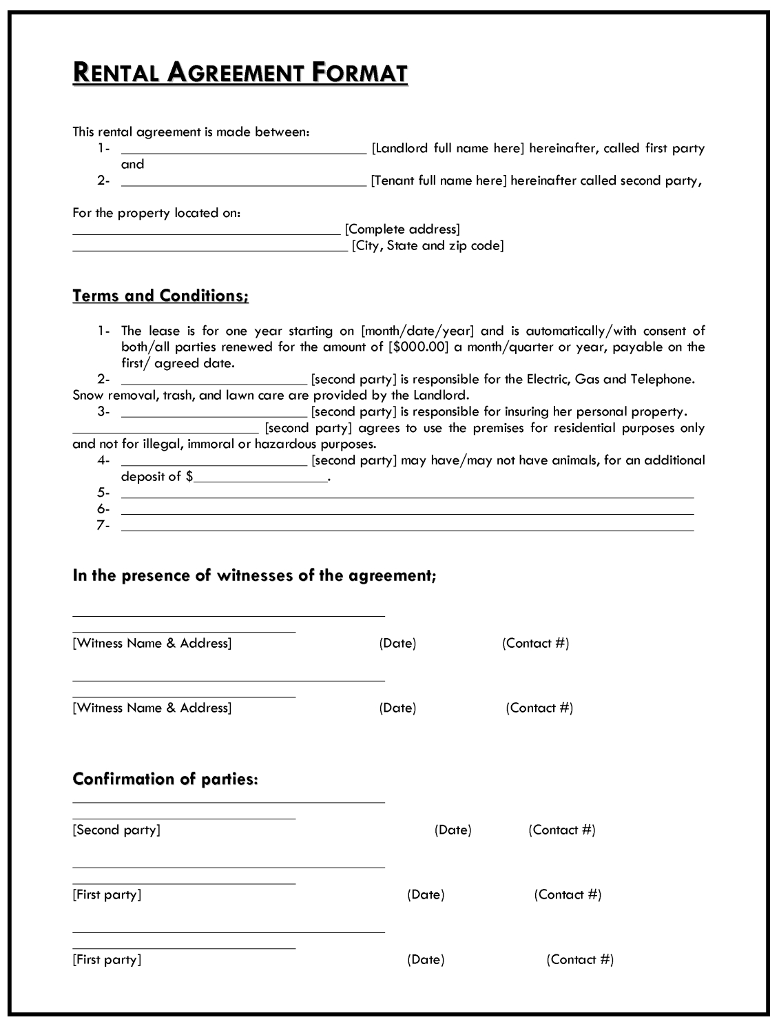 Rental Agreement Example Rental Agreement Format Template