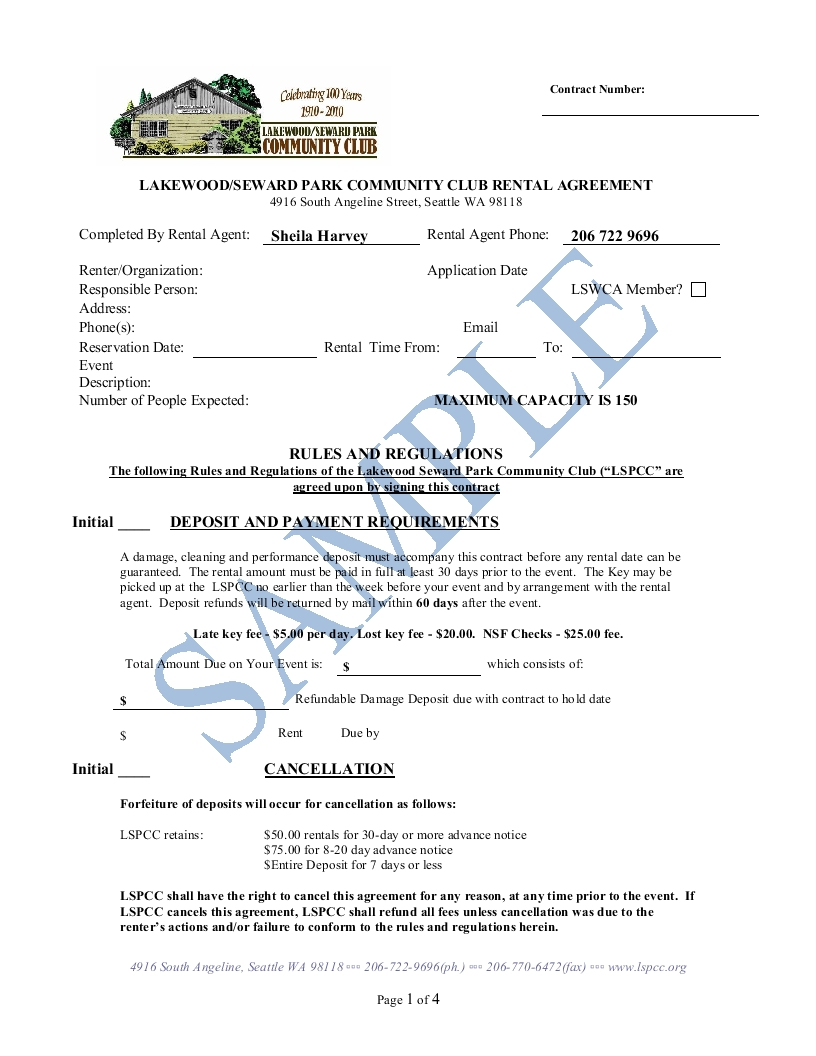 Rental Agreement Example Sample Rental Agreement Lakewood Seward Park Community Club