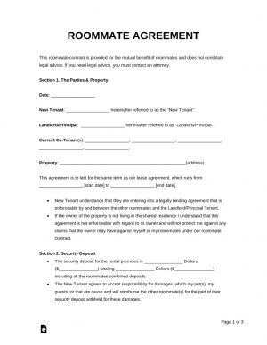 Rental Agreement Free Form Free Roommate Room Rental Agreement Template Pdf Word Eforms