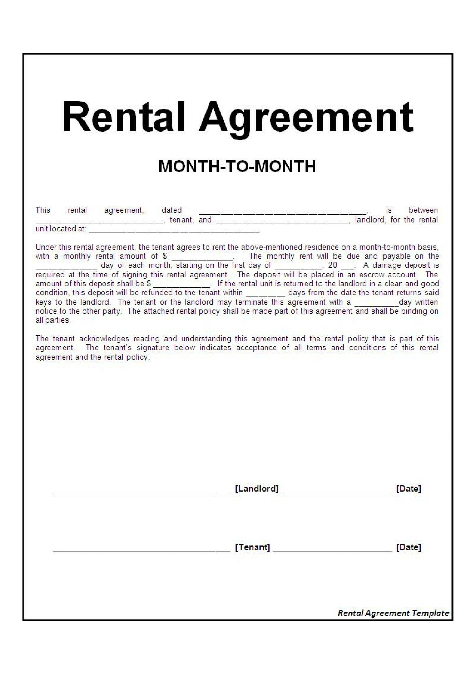 Rental Agreement Free Form Monthly Rental Agreement Form