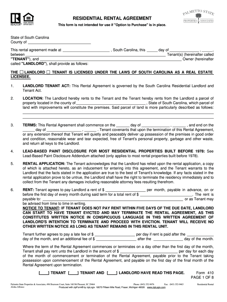 Rental Agreement Free Form Sc Rental Agreement Fill Online Printable Fillable Blank