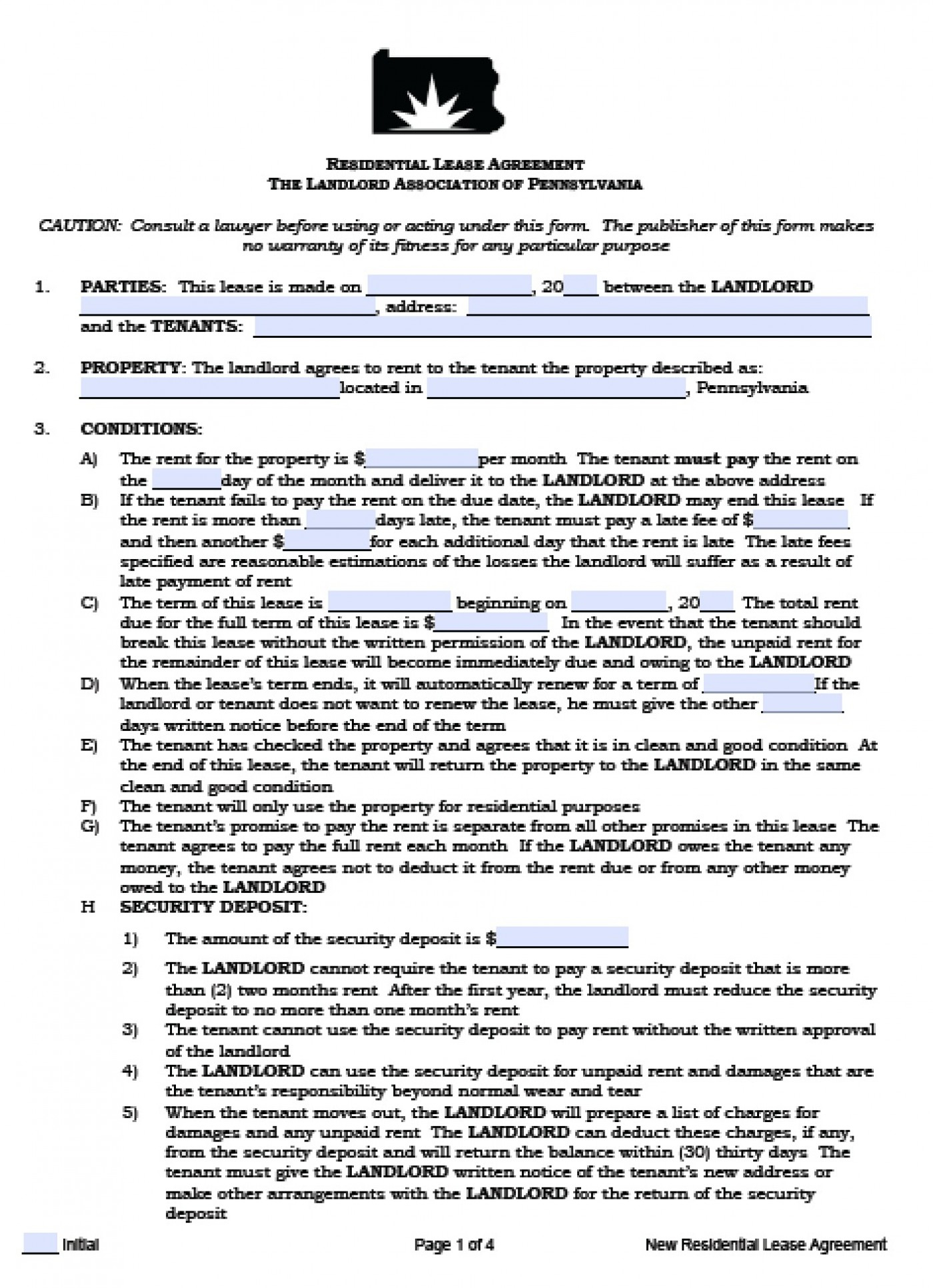 Rental Agreement Pa 013 Pennsylvania Landlord Association Residential Lease Agreement