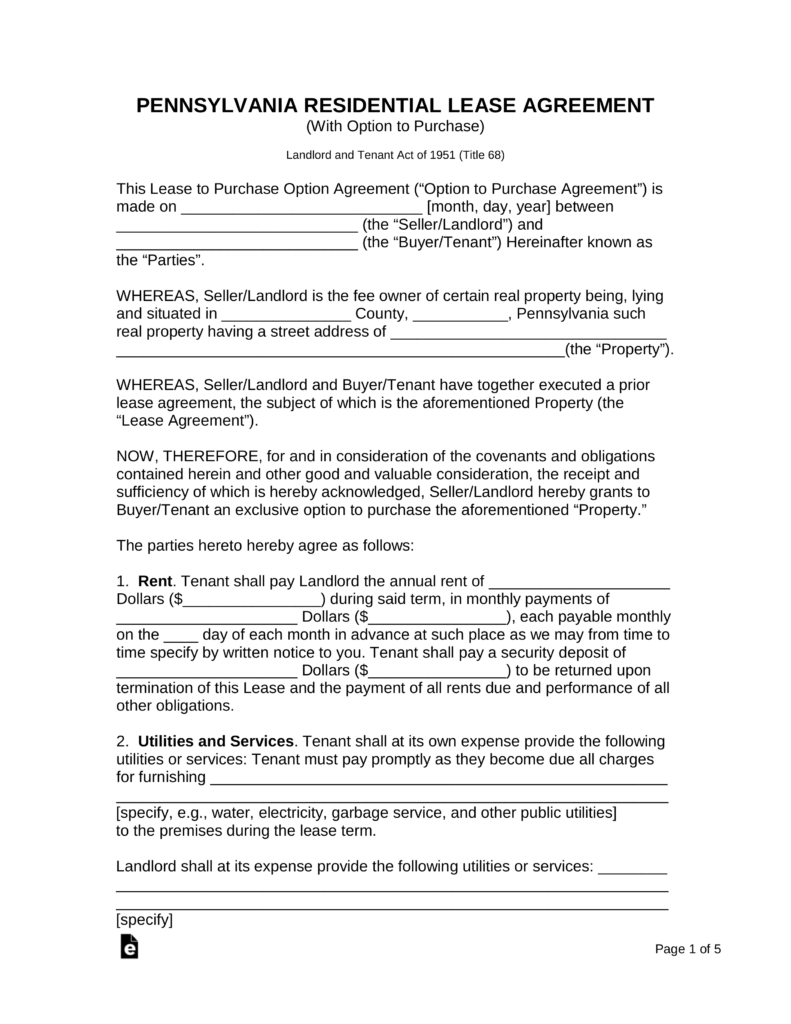 Rental Agreement Pa Free Pennsylvania Lease With Option To Purchase Form Pdf Word