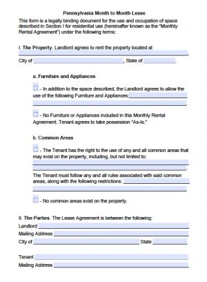 Rental Agreement Pa Free Pennsylvania Month To Month Lease Agreement Template Pdf