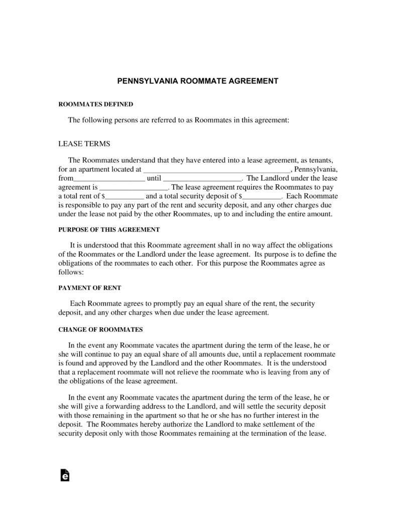 Rental Agreement Pa Free Pennsylvania Roommate Agreement Form Pdf Eforms Free