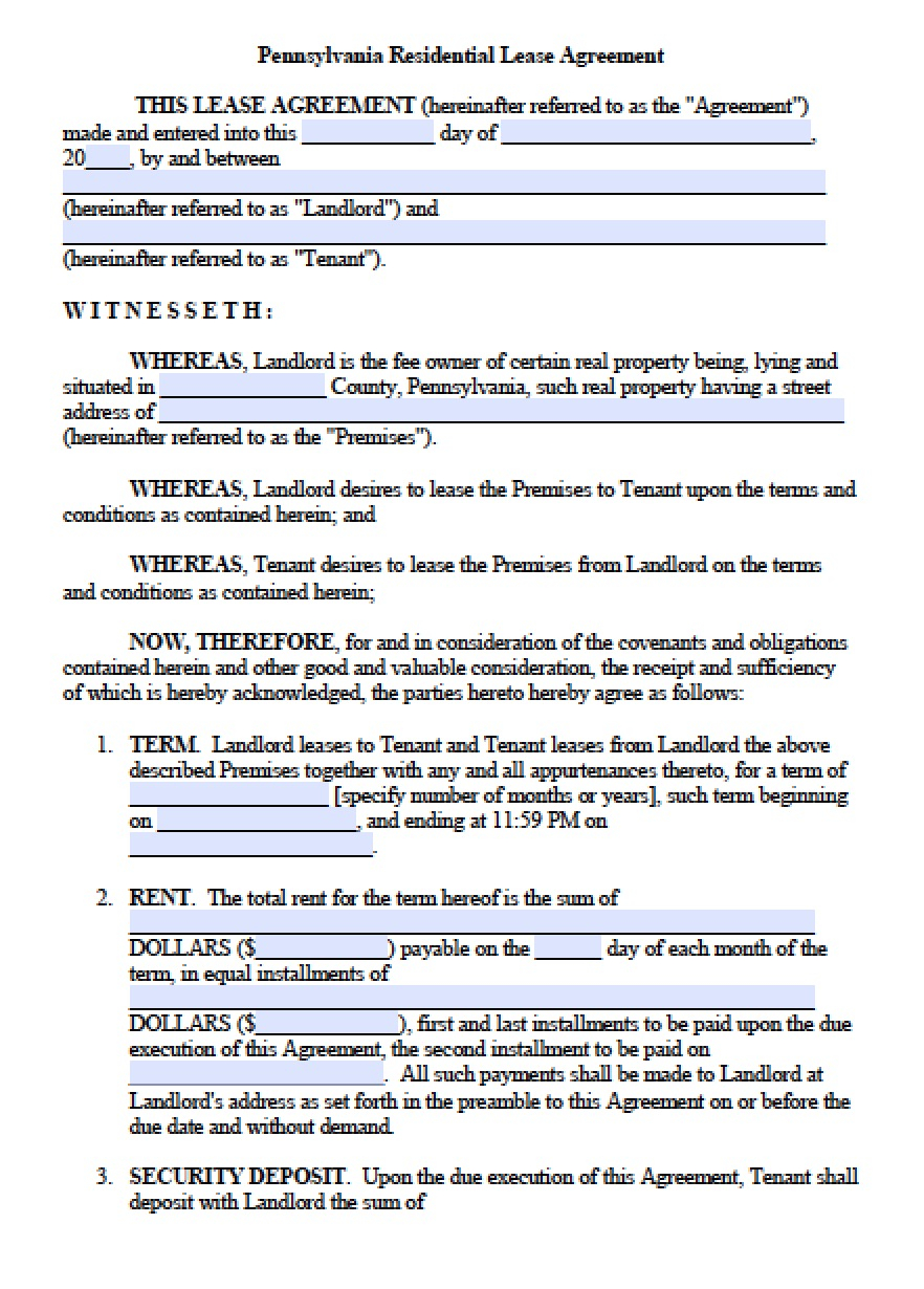 Rental Agreement Pa Free Pennsylvania Standard Residential Lease Agreement Template