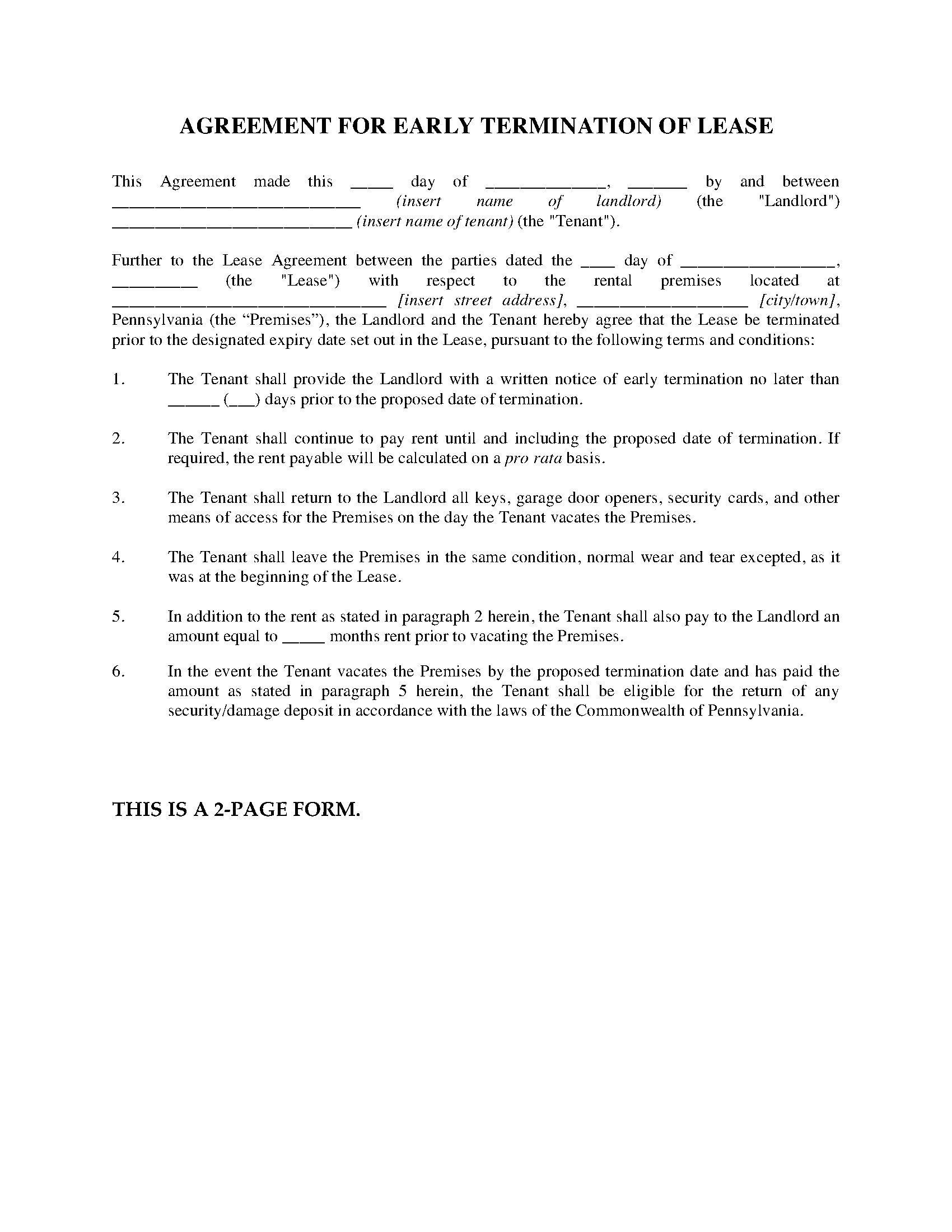 Rental Agreement Pa Pennsylvania Agreement For Early Termination Of Lease