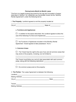 Rental Agreement Pa Pennsylvania Month To Month Lease Agreement Free Download