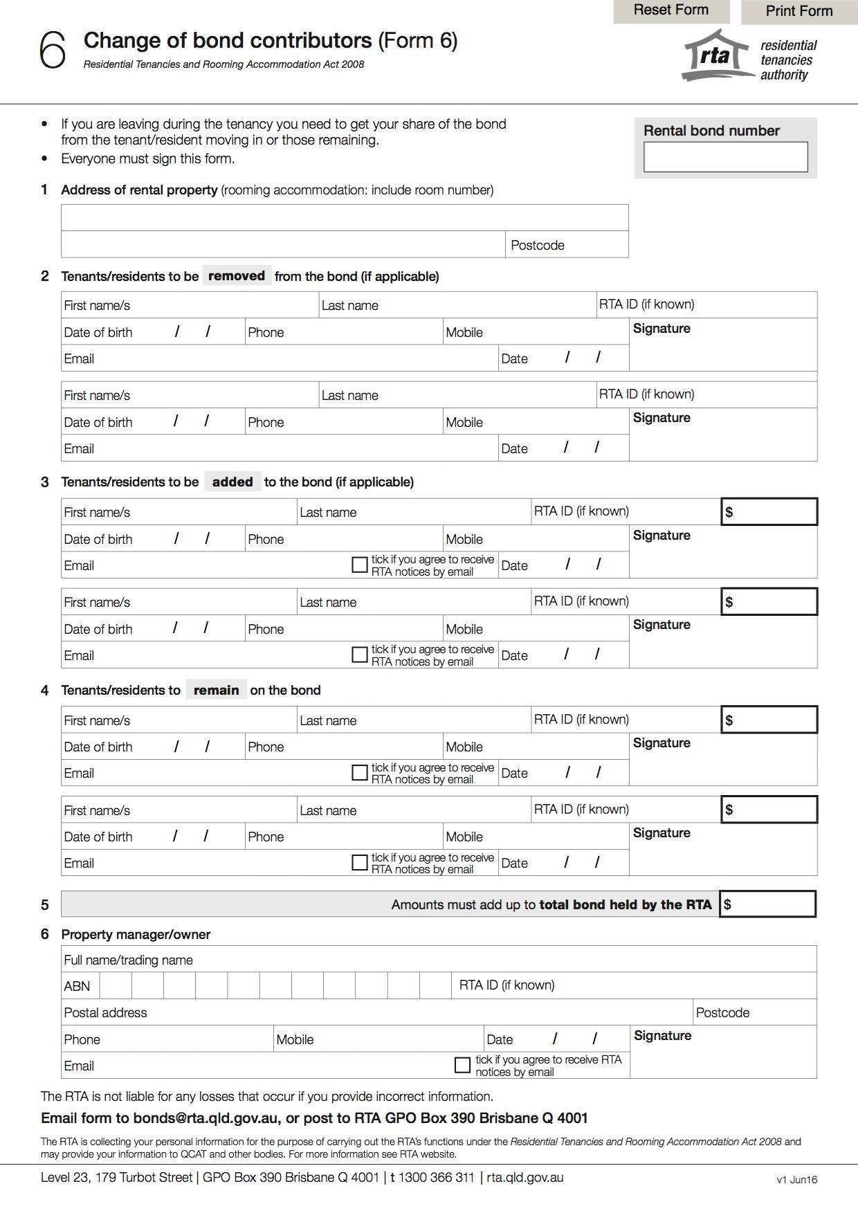 Residential Tenancy Agreement Qld Queensland Change Of Bond Contributors Form 6 Legal Forms And