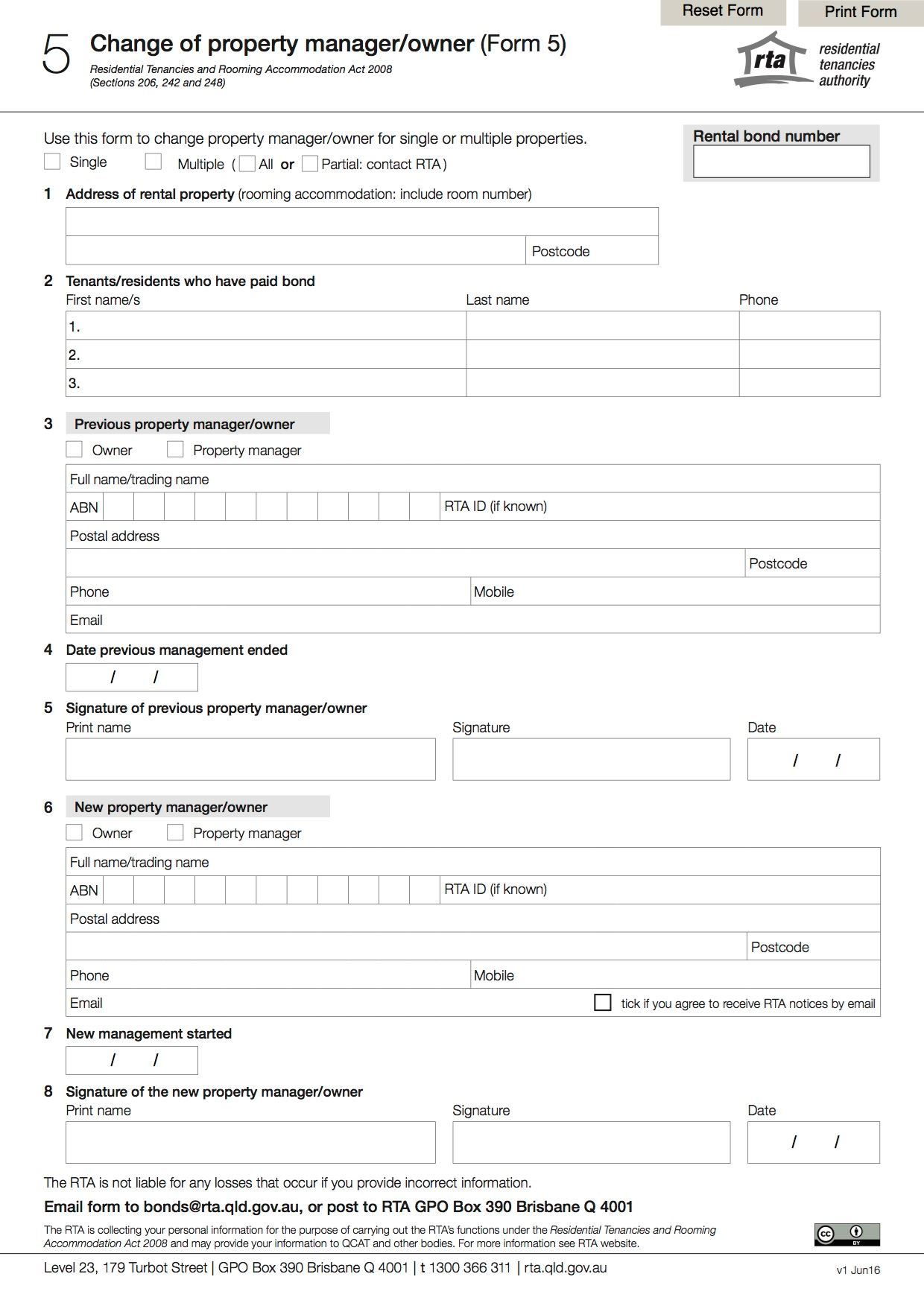 Residential Tenancy Agreement Qld Queensland Change Of Property Manager Or Owner Form 5 Legal Forms