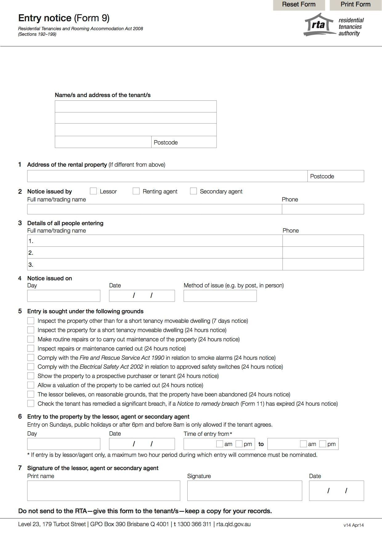 Residential Tenancy Agreement Qld Queensland Entry Notice Form Legal Forms And Business Templates