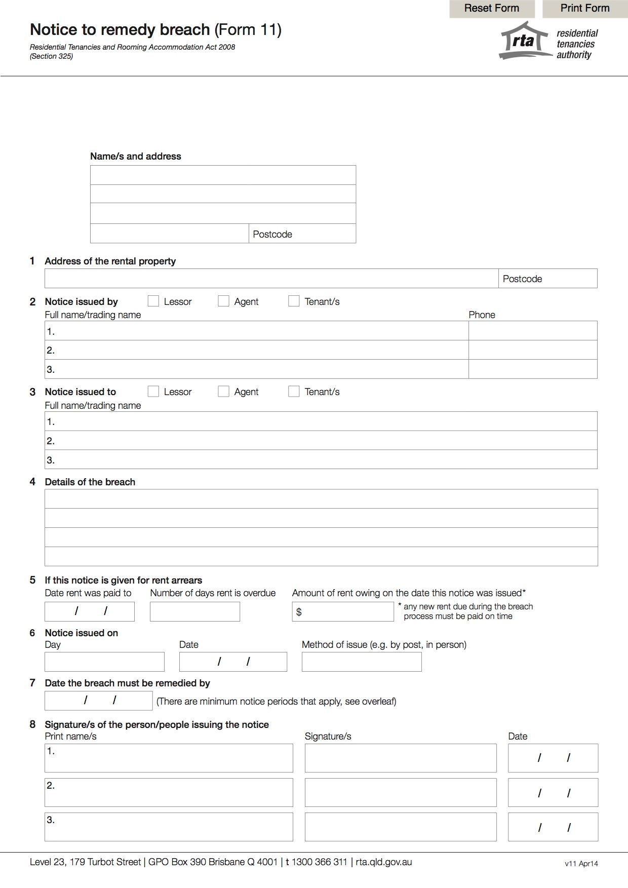 Residential Tenancy Agreement Qld Queensland Notice To Remedy Breach Form 11 Legal Forms And