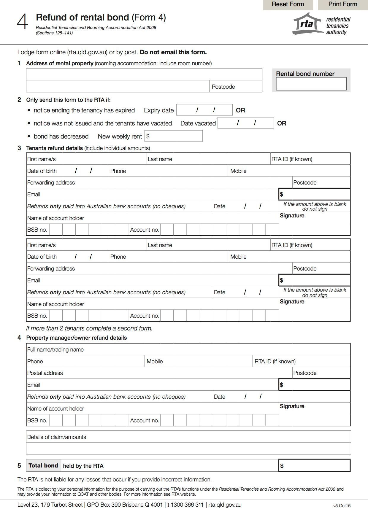Residential Tenancy Agreement Qld Queensland Refund Of Rental Bond Form 4 Legal Forms And Business