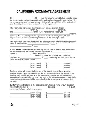 Room Rental Agreement Form Free California Roommate Room Rental Agreement Pdf Word