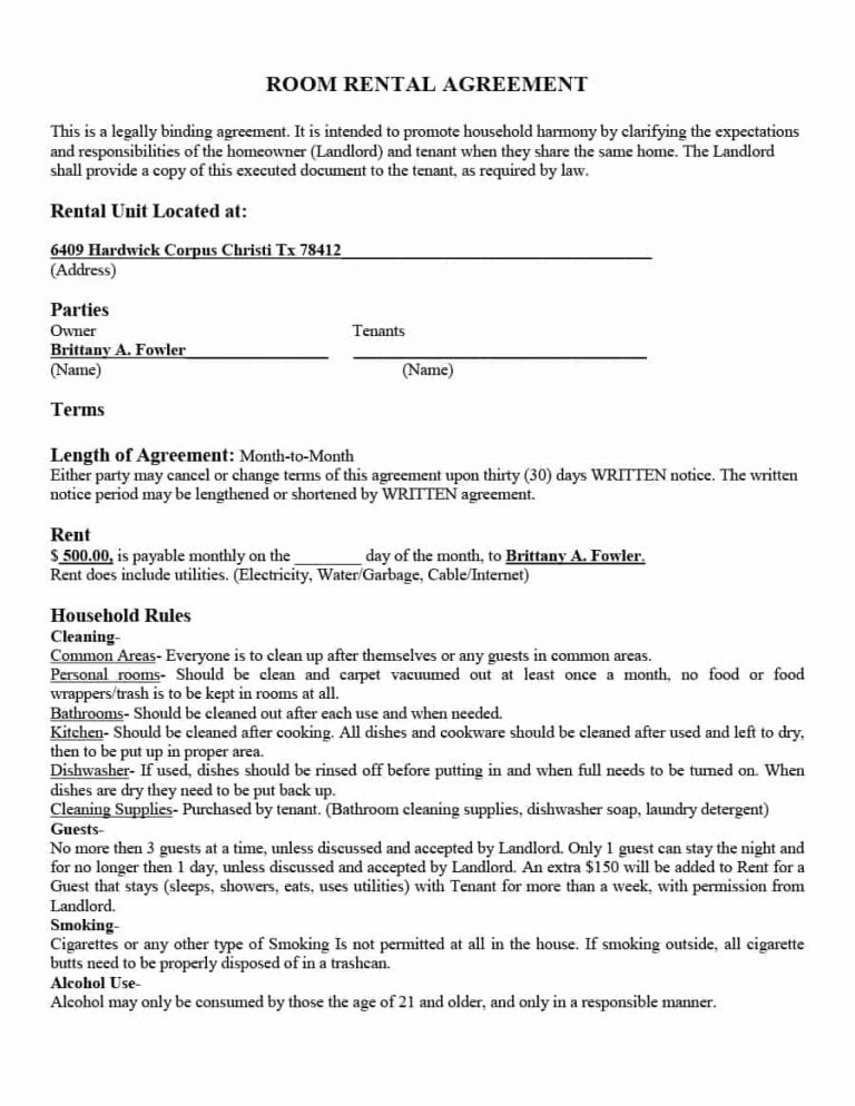 Room Rental Agreement Texas 004 Room Rental Agreement Agreements