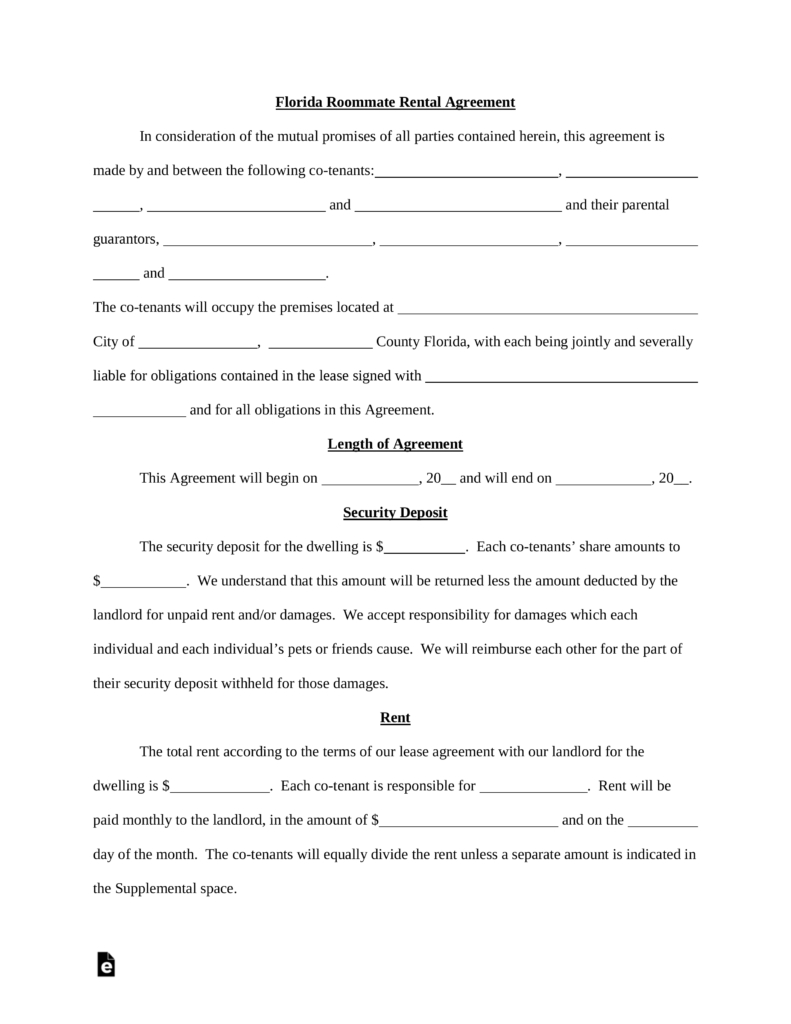 Roommate Agreement Template Word Free Florida Roommate Room Rental Agreement Template Pdf Word