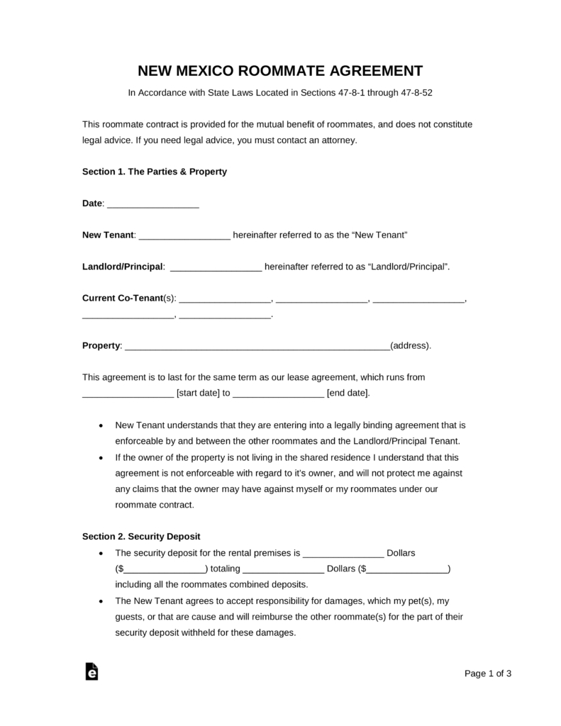 Roommate Agreement Template Word Free New Mexico Roommate Agreement Form Pdf Word Eforms Free
