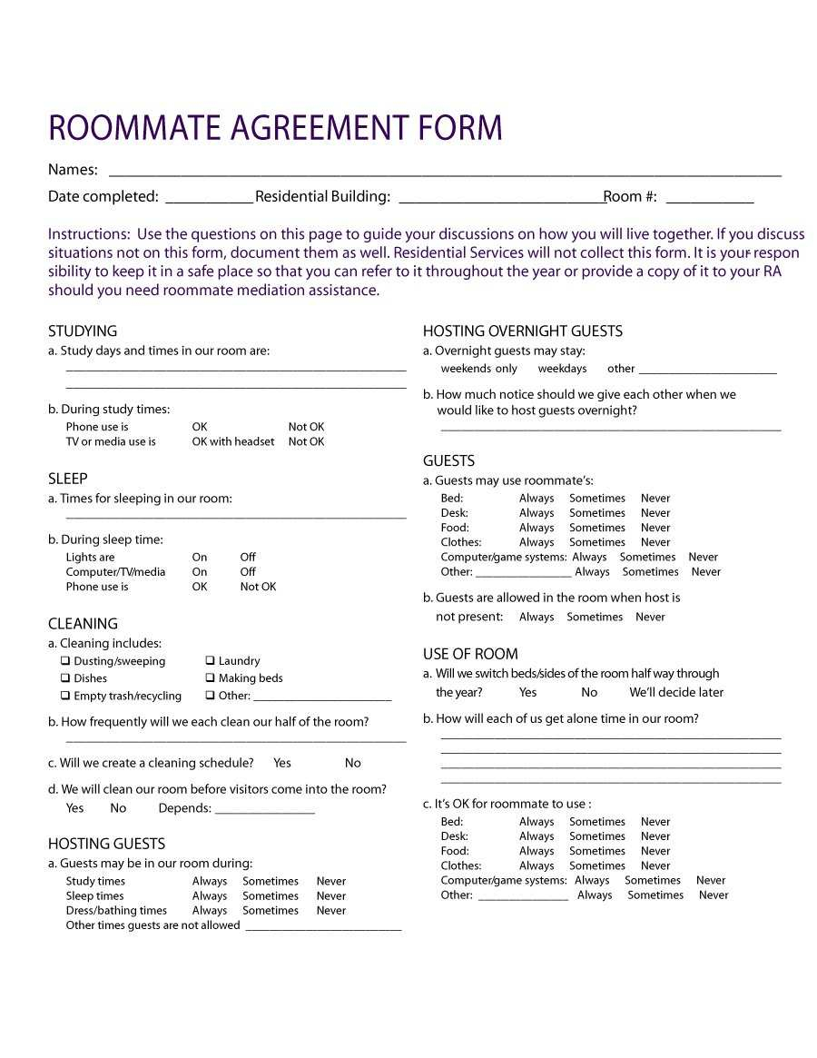 Roommate Agreement Template Word Free Roommate Agreement Form Simple 40 Free Roommate Agreement
