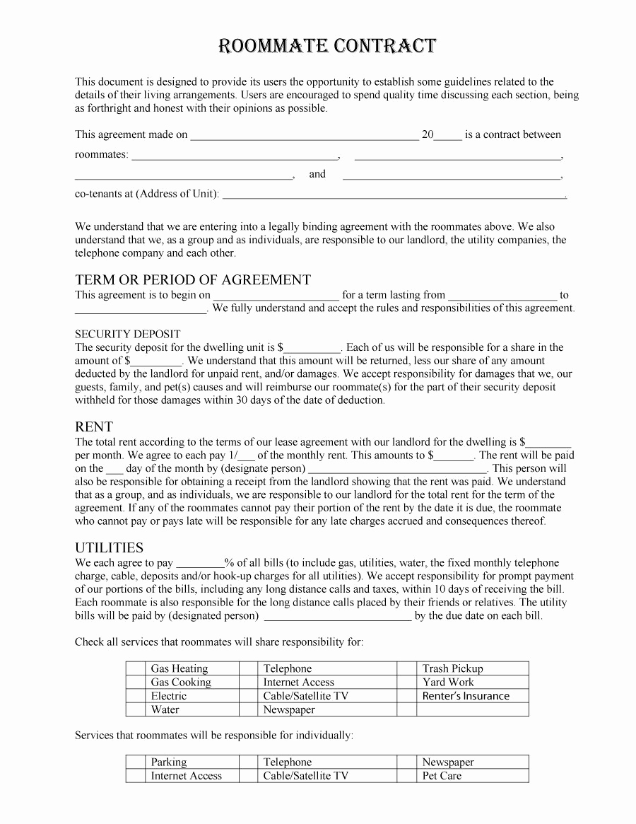 Roommate Agreement Template Word Printable Contract Template Lovely 40 Free Roommate Agreement