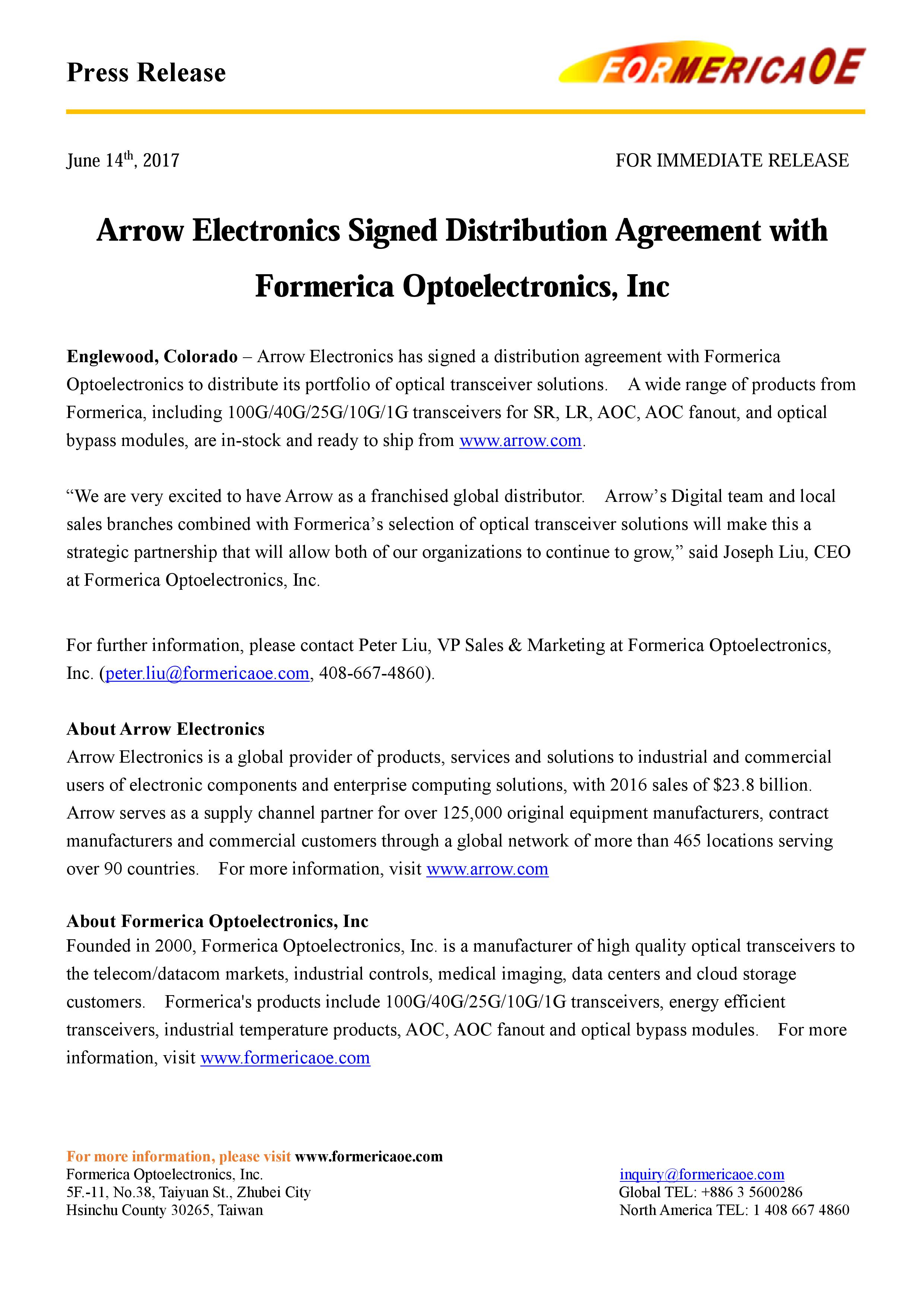 Sales And Distribution Agreement Arrow Electronics Signed Distribution Agreement With Formerica