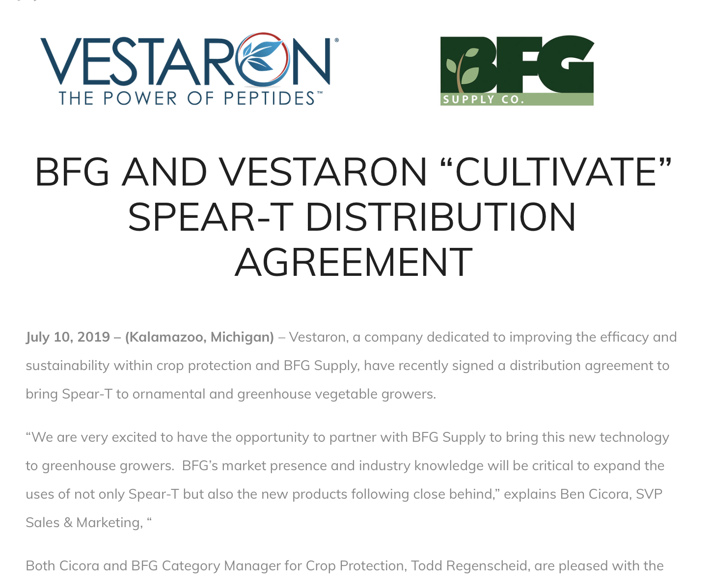 Sales And Distribution Agreement Bfg And Vestaron Cultivate Spear T Distribution Agreement