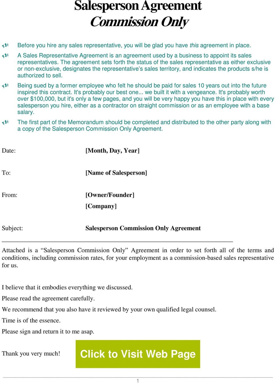 Sales Representative Agreement Salesperson Agreement Commission Only Pdf