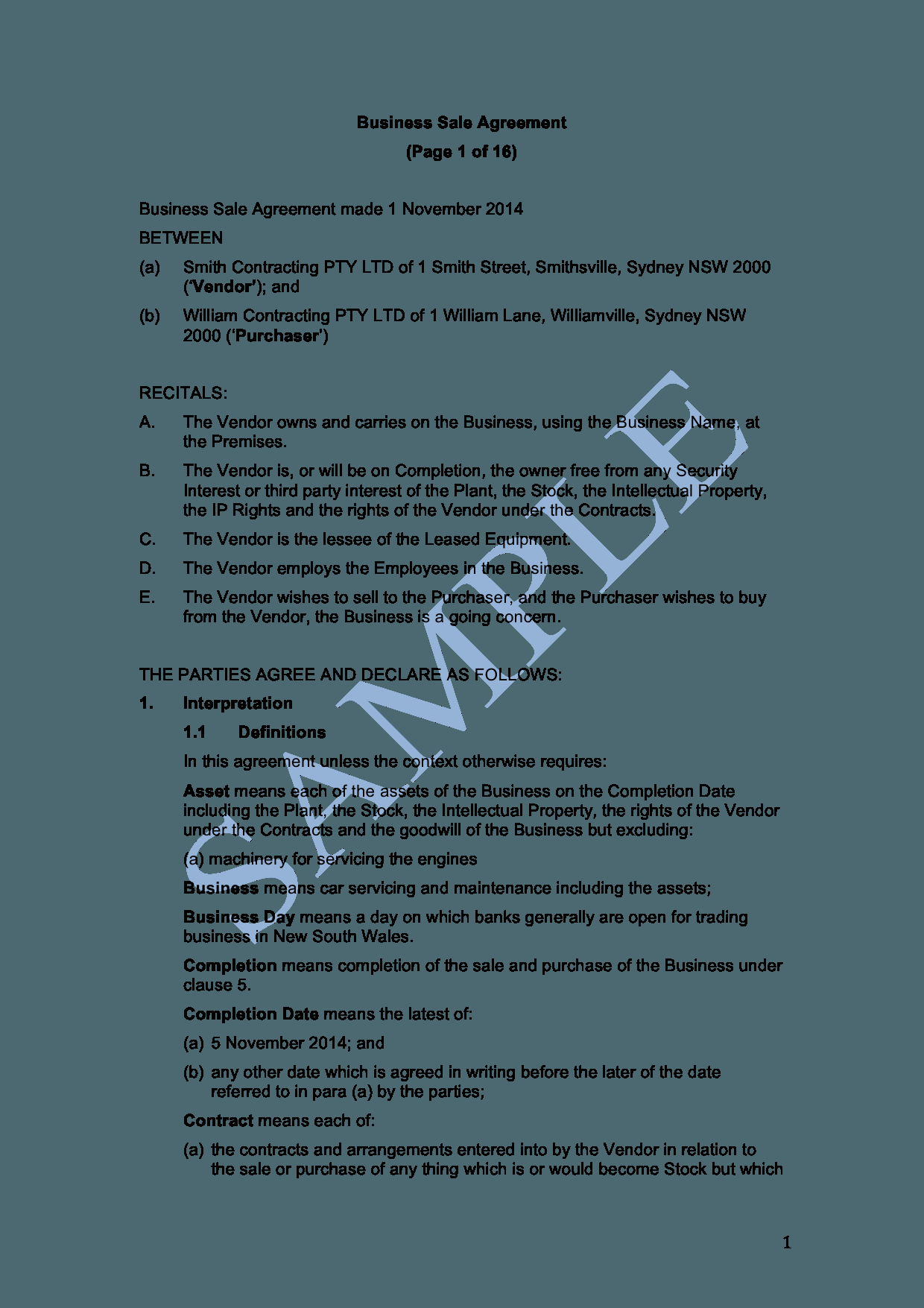 Sample Agreement For Takeover Of Business Business Sale Agreement Sample Lawpath