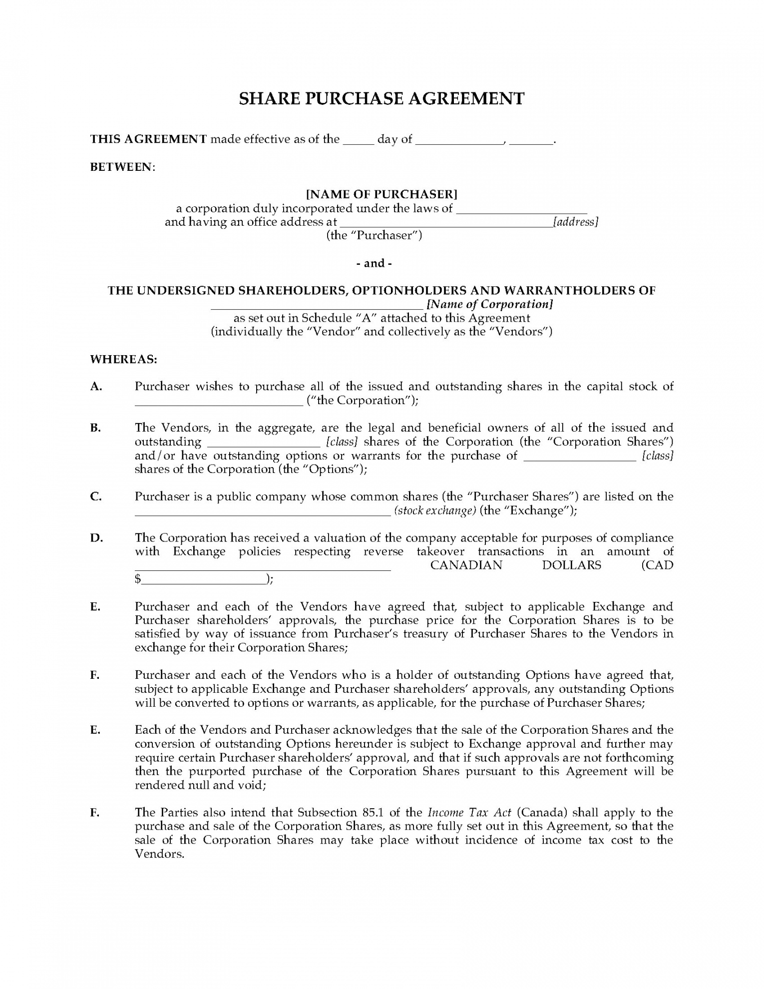 Sample Agreement For Takeover Of Business Editable Alberta Share Purchase Agreement For Reverse Takeover Legal