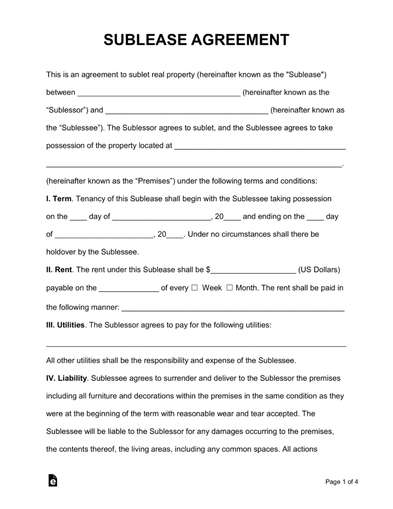 Sample Agreement For Takeover Of Business Free Sublease Agreement Template Pdf Word Eforms Free
