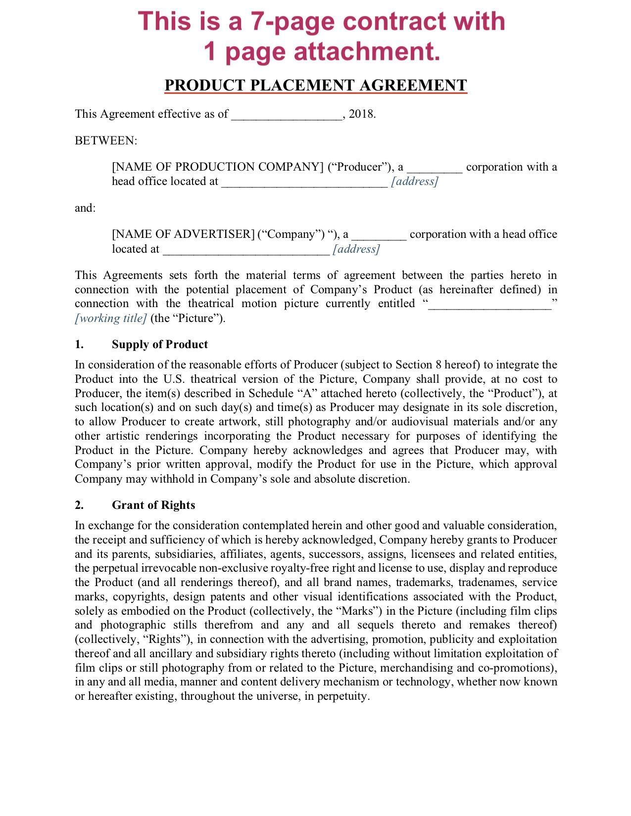 Sample Agreement For Takeover Of Business Product Placement Agreement For Film
