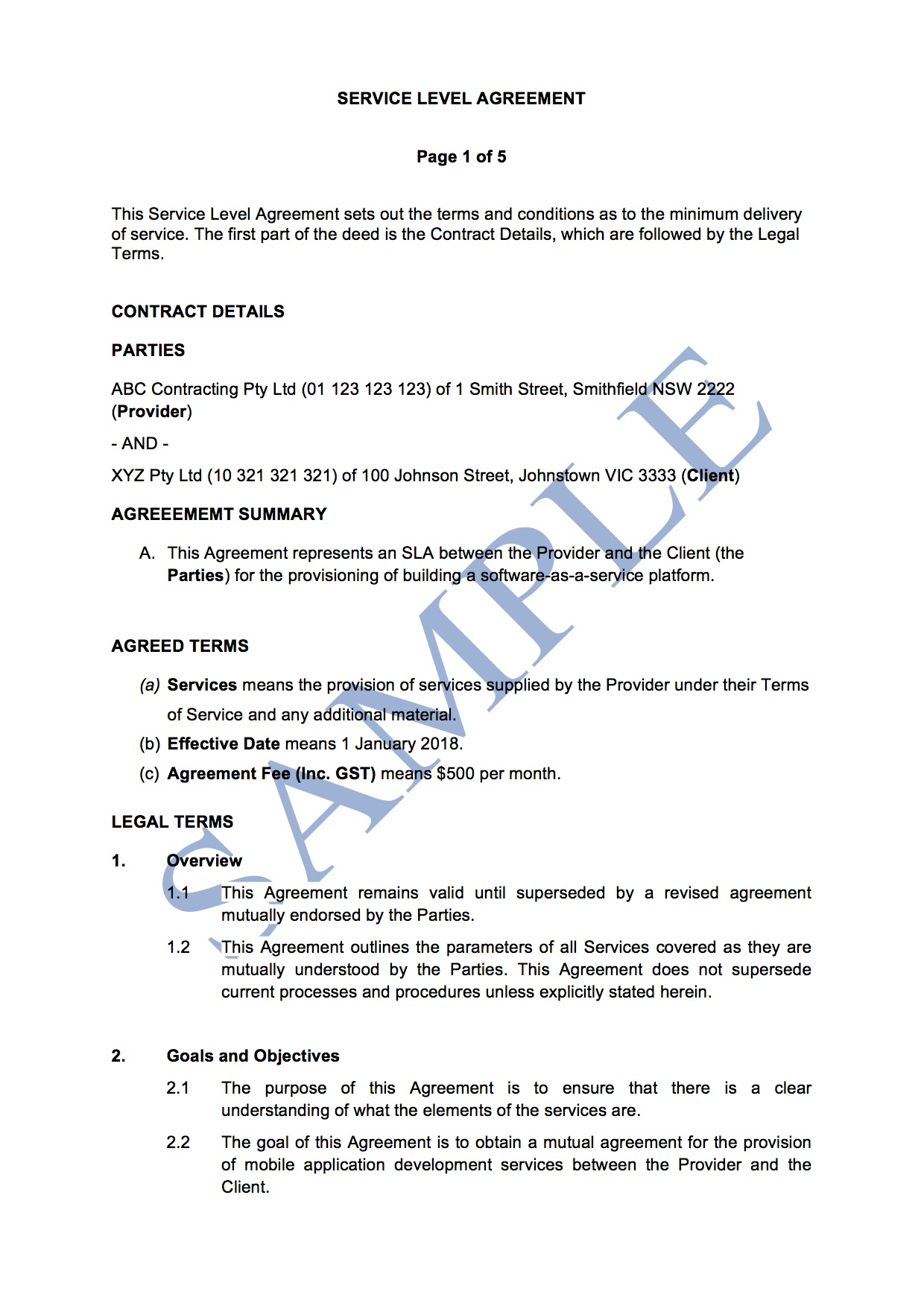 Sample Agreement For Takeover Of Business Service Level Agreement Free Template Sample Lawpath