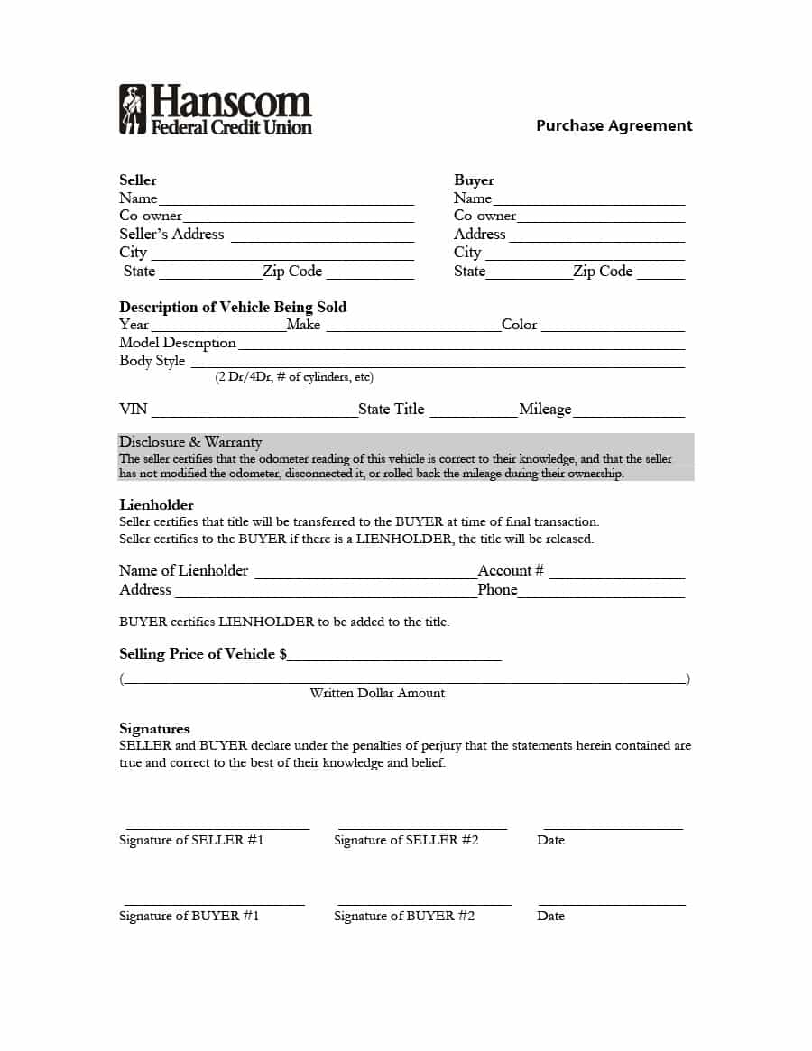 Sample Contract Agreement Between Buyer And Seller 42 Printable Vehicle Purchase Agreement Templates Template Lab