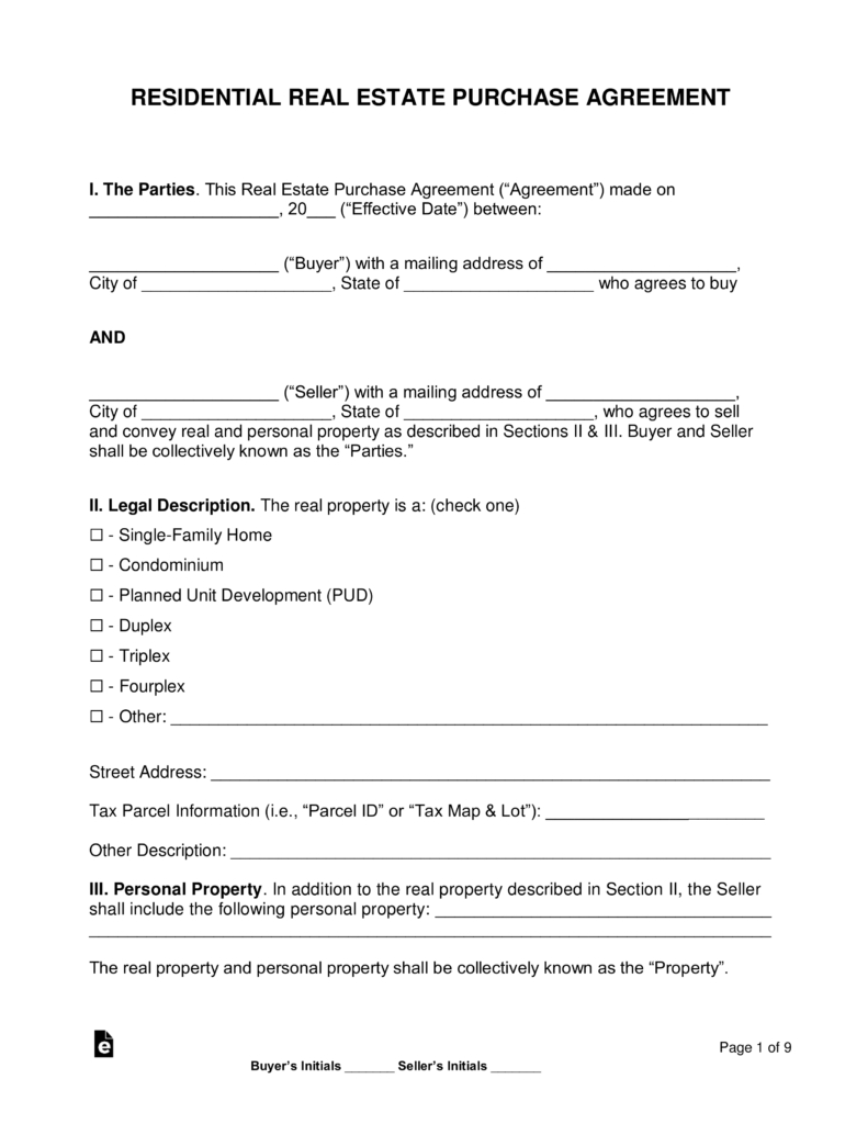 Sample Contract Agreement Between Buyer And Seller Free Residential Real Estate Purchase Agreements Word Pdf