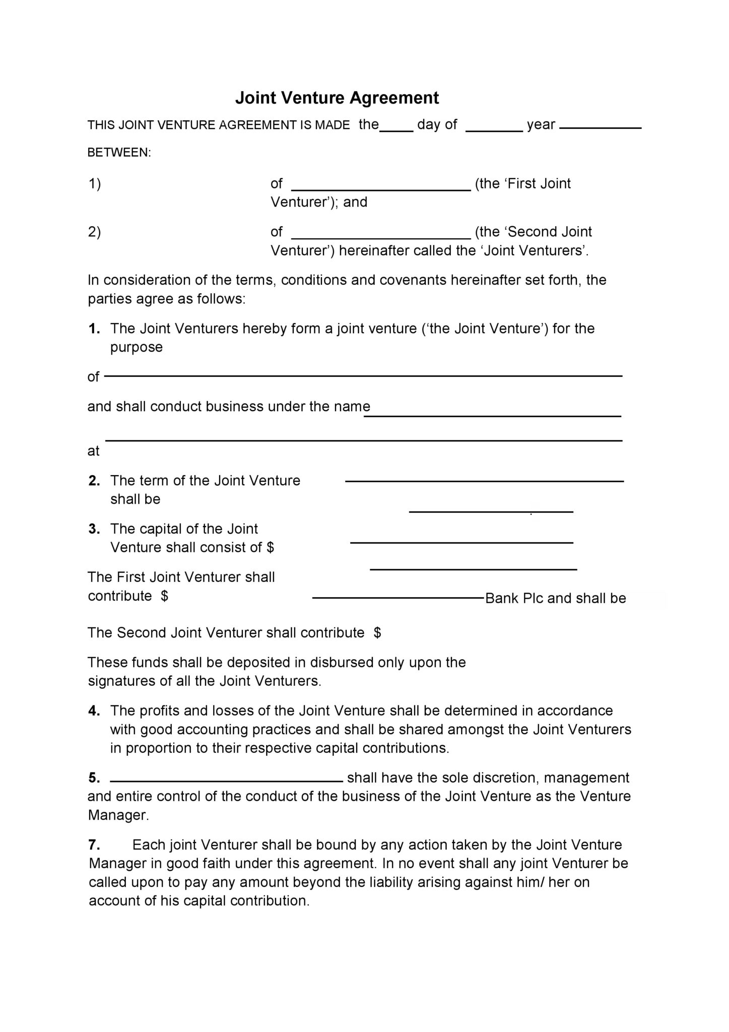 Sample Joint Venture Agreement Between Two Companies Free Printable Business Agreements Printable Agreements