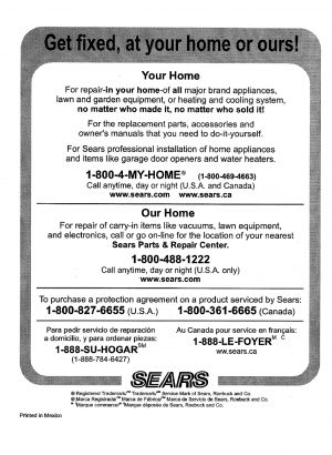 Sears Protection Agreement Number 888 Le Foyer 800 4 My Home Our Home Kenmore 28502 User Manual