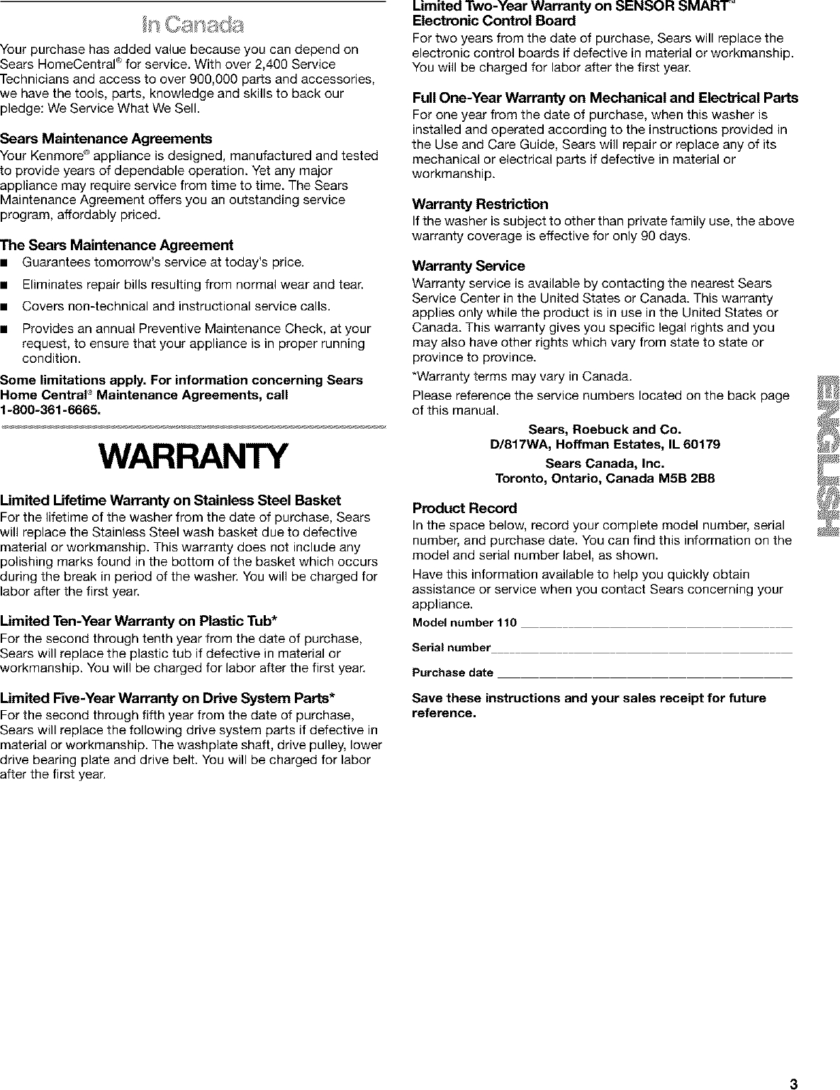 Sears Protection Agreement Number Kenmore Elite 11022064101 User Manual Washer Manuals And Guides L0305281