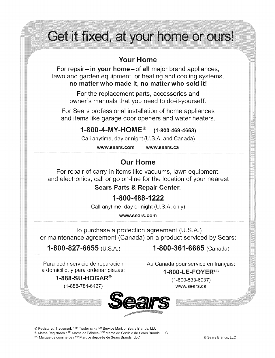 Sears Protection Agreement Number M R Home Your Home Our Home Kenmore Elite 790367 User Manual