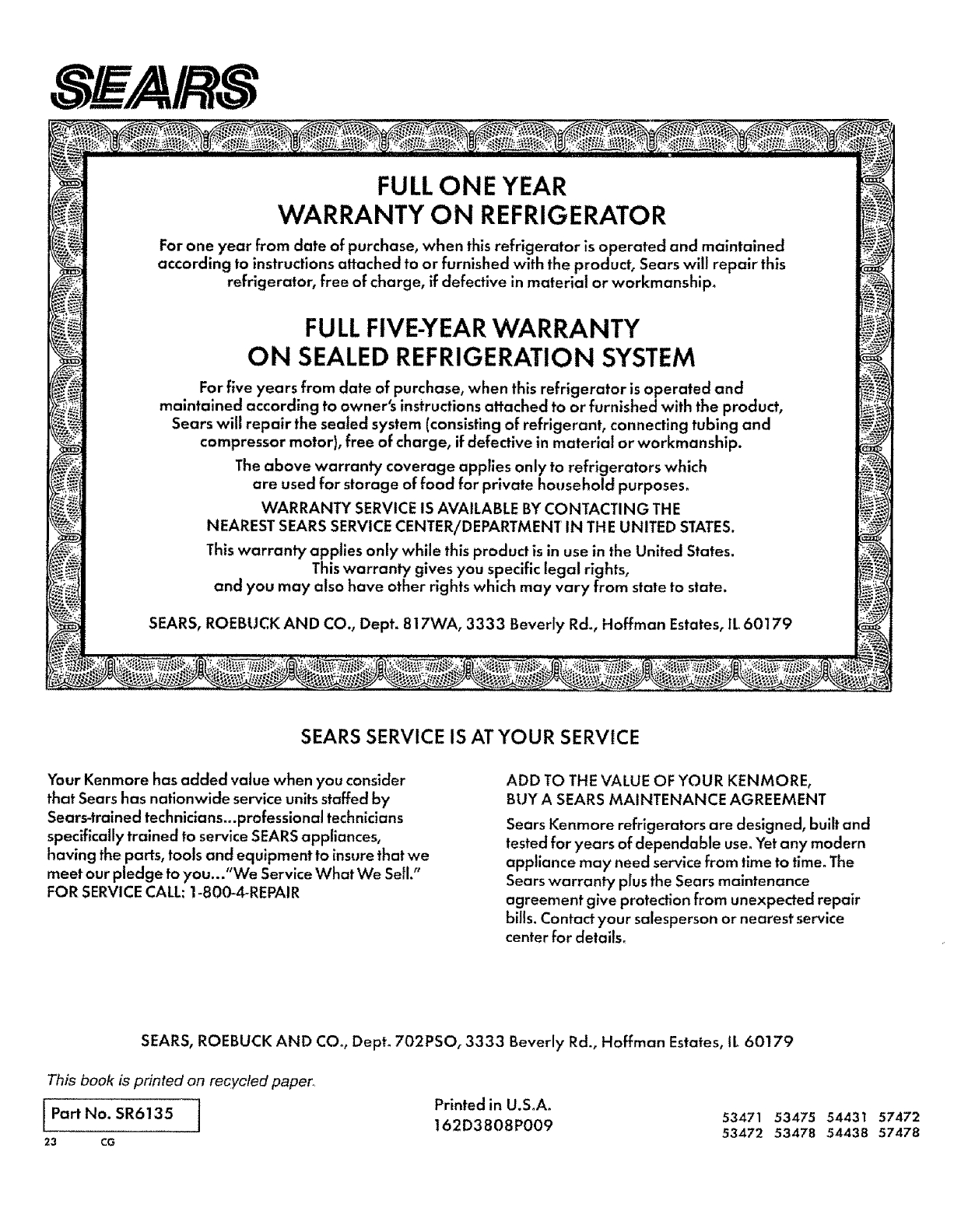Sears Protection Agreement Number Page 16 Of Sears Refrigerator 54431 User Guide Manualsonline