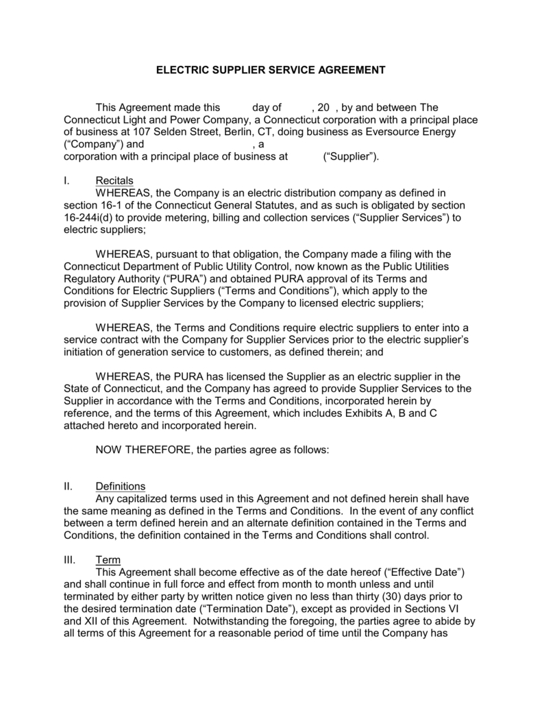 Service Agreement Terms And Conditions Electric Supplier Service Agreement