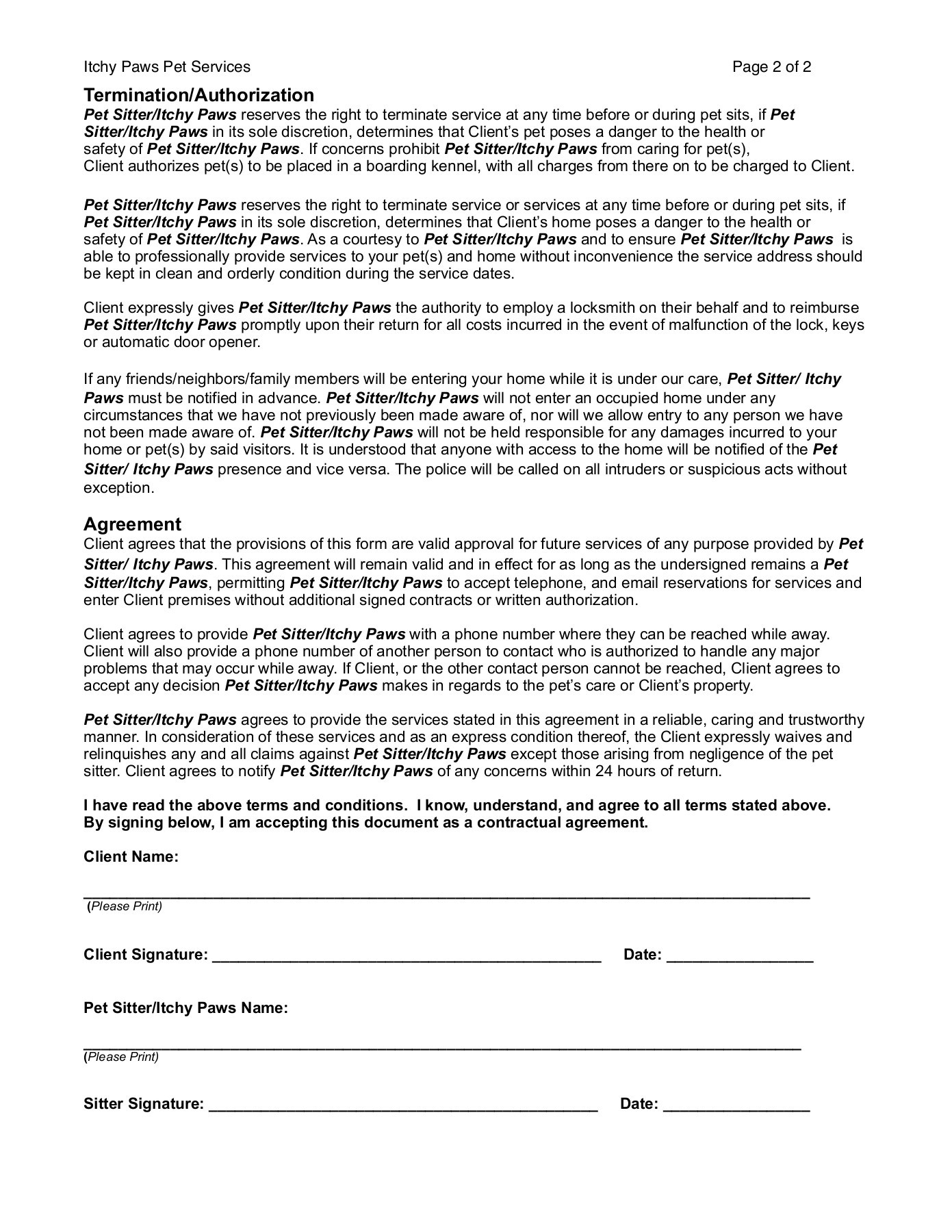Service Agreement Terms And Conditions Page 1 Of 2 Pet Sittingservice Agreement Fliphtml5