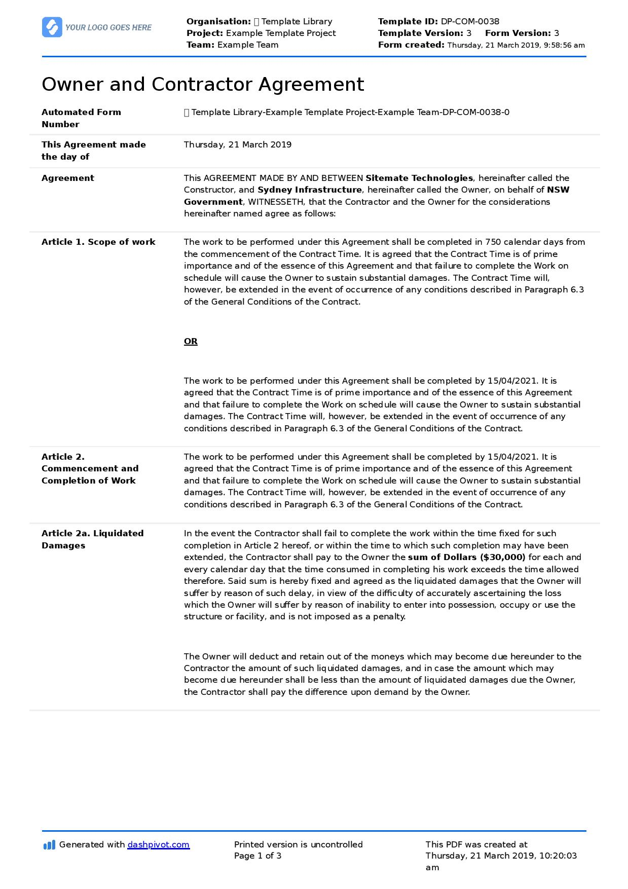 Simple Agreement Contract Agreement Between Owner And Contractor Sample Pdf Template