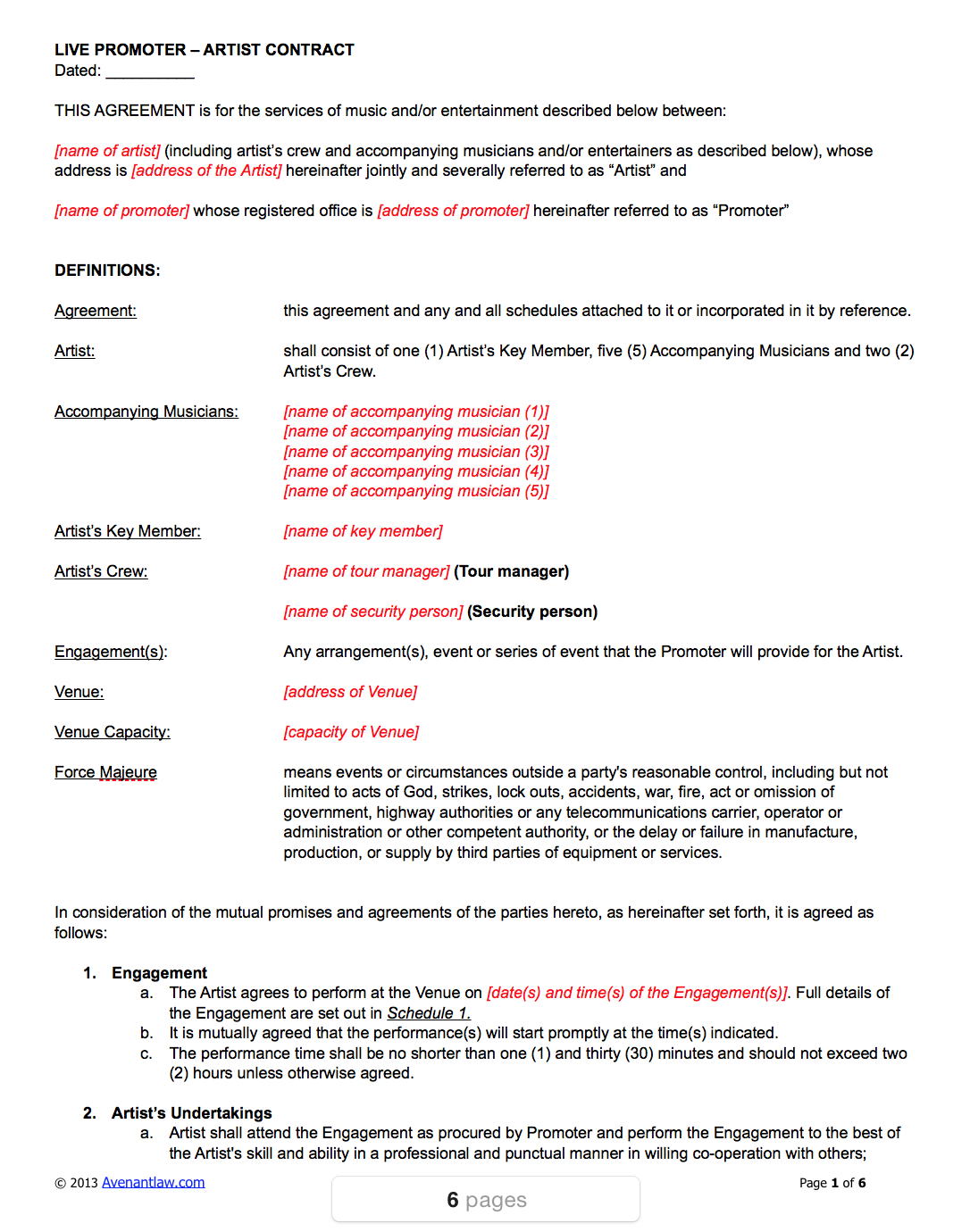 Simple Agreement Contract Live Promoter Artist Contract Template