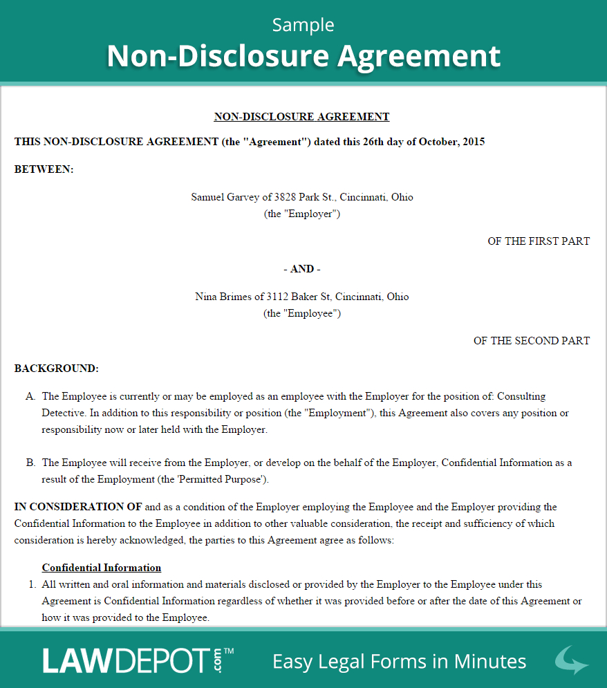 Simple Confidentiality Agreement Sample Free Non Disclosure Agreement Create Download And Print