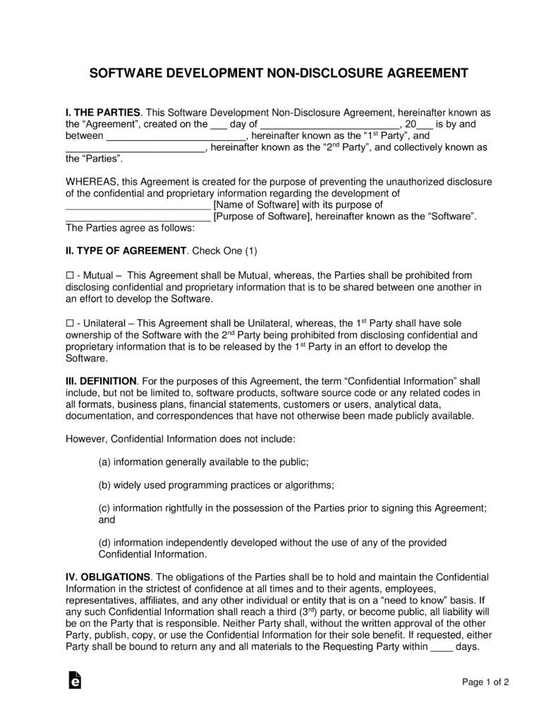 Simple Confidentiality Agreement Sample Software Development Non Disclosure Agreement Nda Template
