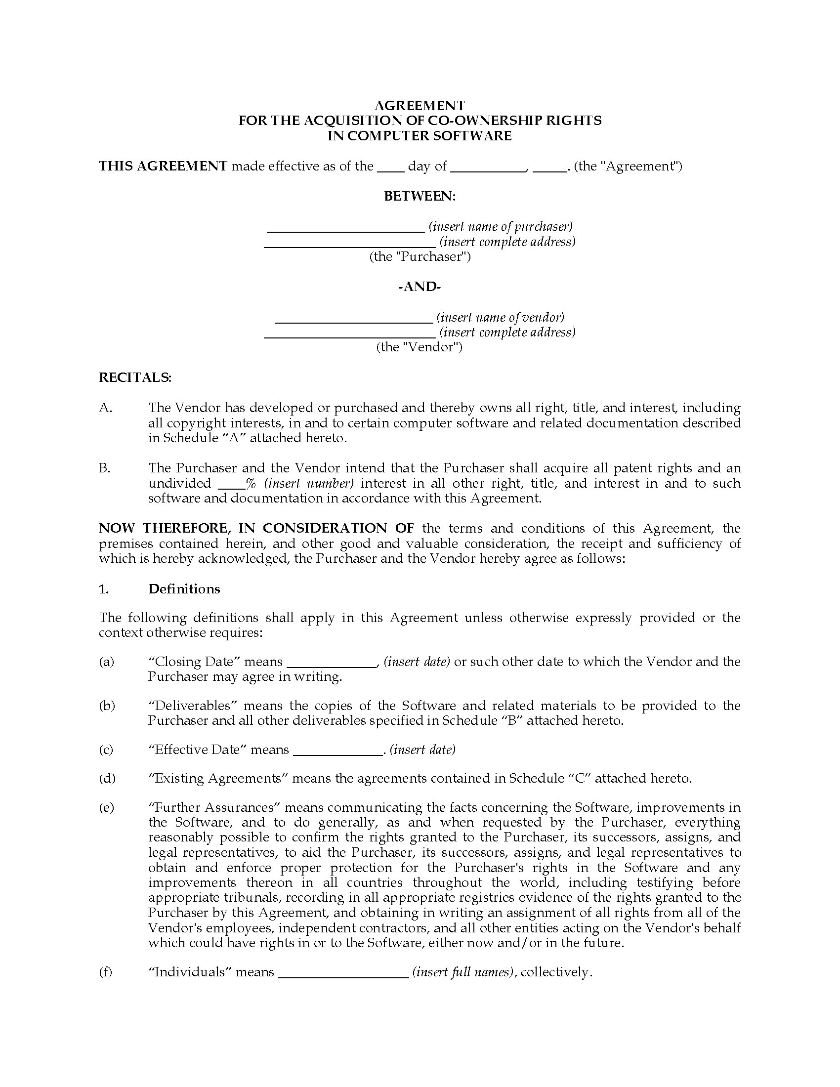 Software Agreement Contract Acquisition Agreement For Co Ownership Of Software Canada