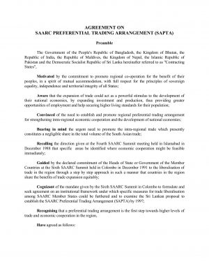 South Asian Preferential Trade Agreement Agreement On Saarc Preferential Trading Arrangement Sapta
