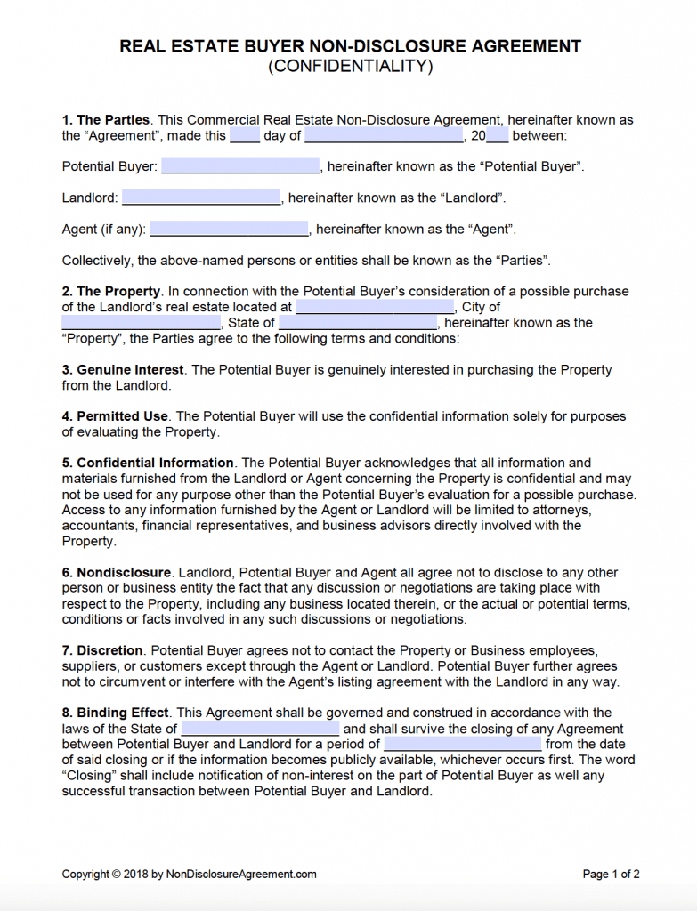 Standard Non Disclosure Agreement Pdf Free Real Estate Buyer Confidentiality Non Disclosure Agreement